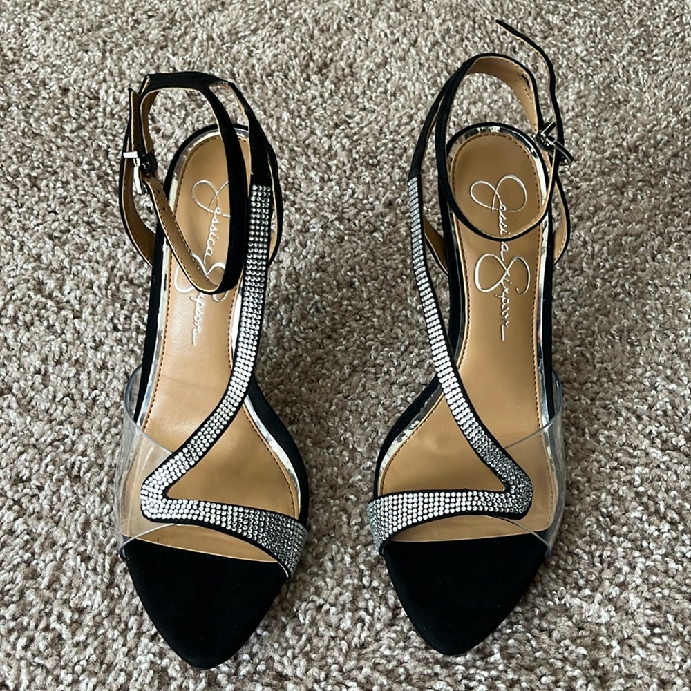 Jessica Simpson Black and Clear Rhinestone Heels. Womens 8. Whitley style.